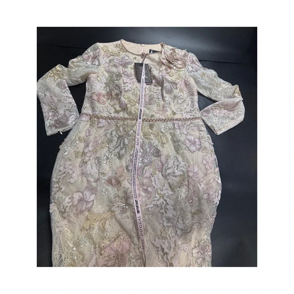 Mac Duggal 11174 Floral Sequin Lace Gown Blush Gold‎ Long Sleeve Gown Sz 14 $798